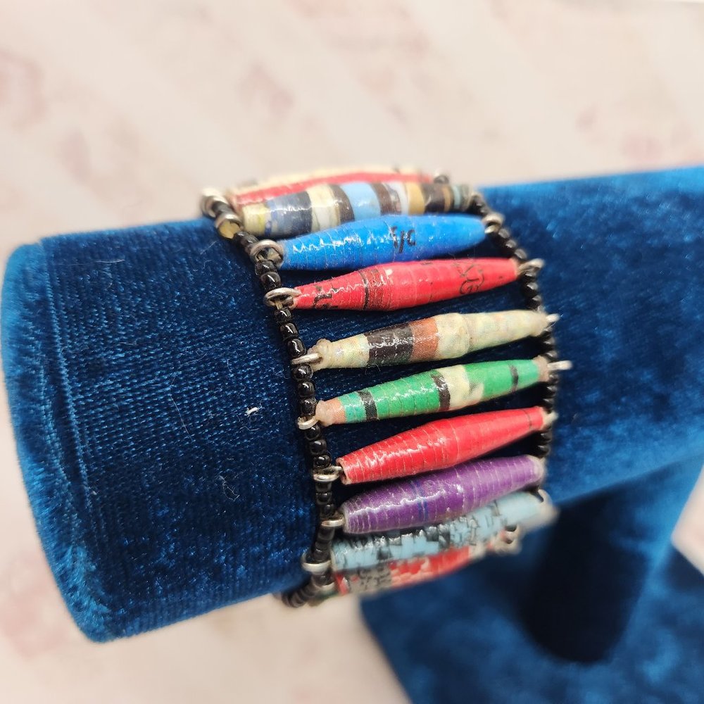 Paper Beaded Jewelry Upcycled Tape Ladder Bracelet Stretchy OS